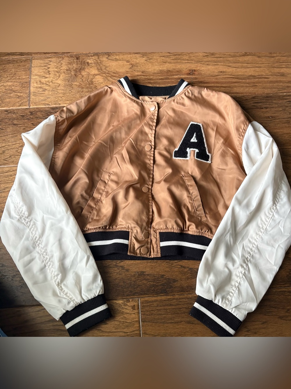 Love Tree Tan and White Kids Satin Varsity Jacket